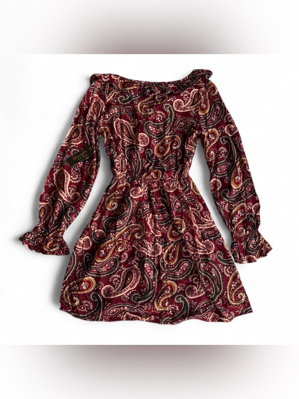 NWT Wrangler Retro Burgundy Paisley Boho Ruffle Dress Size Medium - Picture 2 of 7